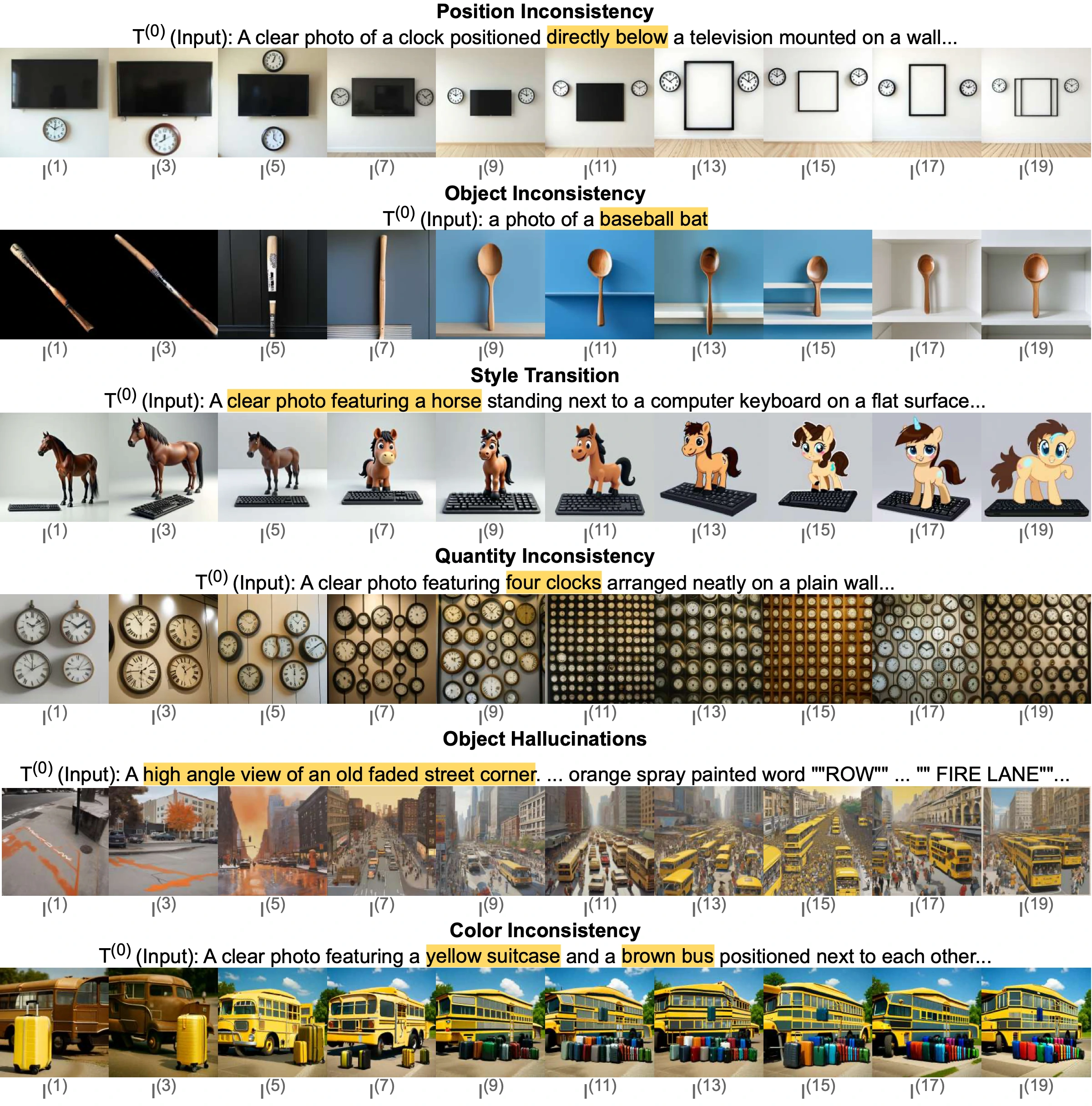 Six rows of generated images show position errors, a bat turning into a spoon, a photograph turning into a cartoon, lost clock counts, a hallucinated city, and a bus changing color.